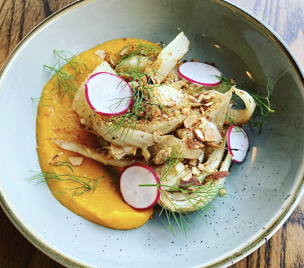 MEATLESS MONDAY! Braised fennel over butternut squash puree with breadcrumbs, taleggio and almonds